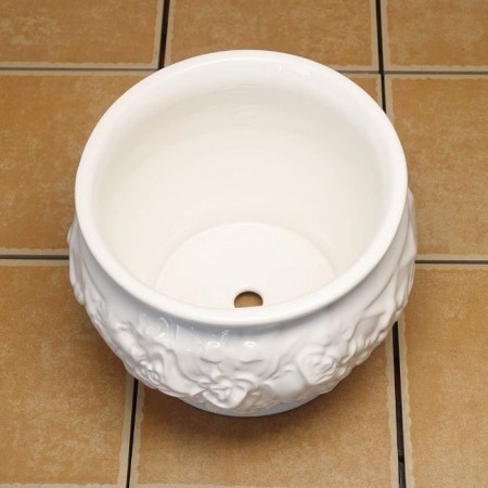 ハンドメイド陶器植木鉢・ホワイトレリーフ・底穴あり psu-h7002-2w| ポルトガル